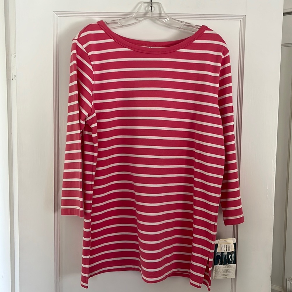 Striped tunic in Melon/Pink & White Women’s Size L 3/4 length sleeves New w/tags